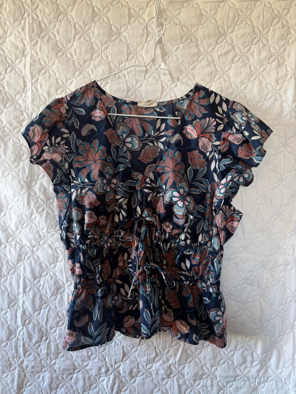 a.n.a Navy Floral Tie-Waist Ruffle Sleeve Blouse